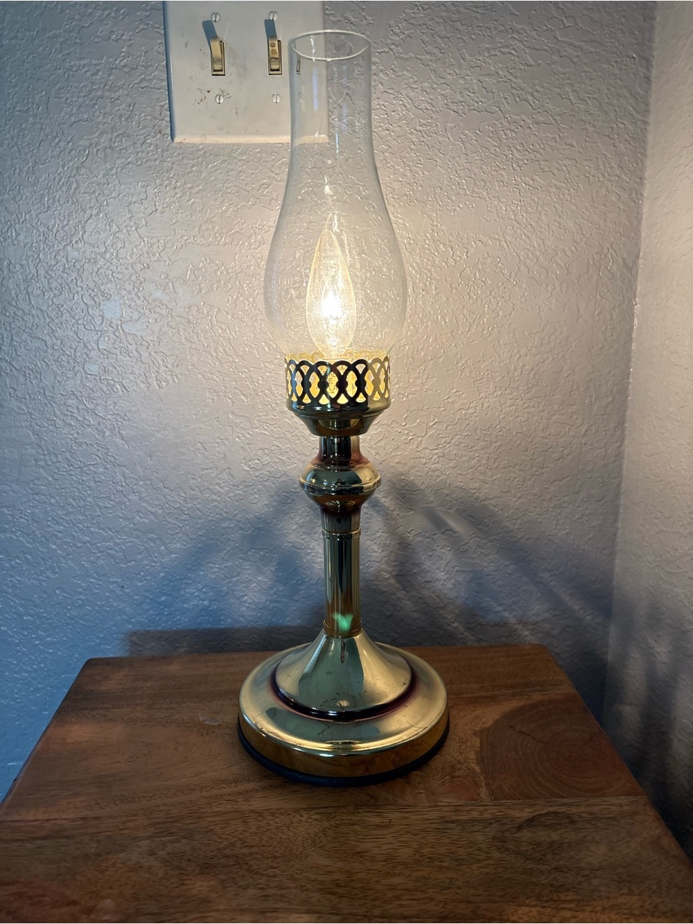 Vintage Hurricane Touch Lamp Gold Electric Candlestick Style Filigree Chimney